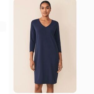 Eileen Fisher Navy Blue Jersey V-Neck Shift Dress PP Petite Casual Minimalist